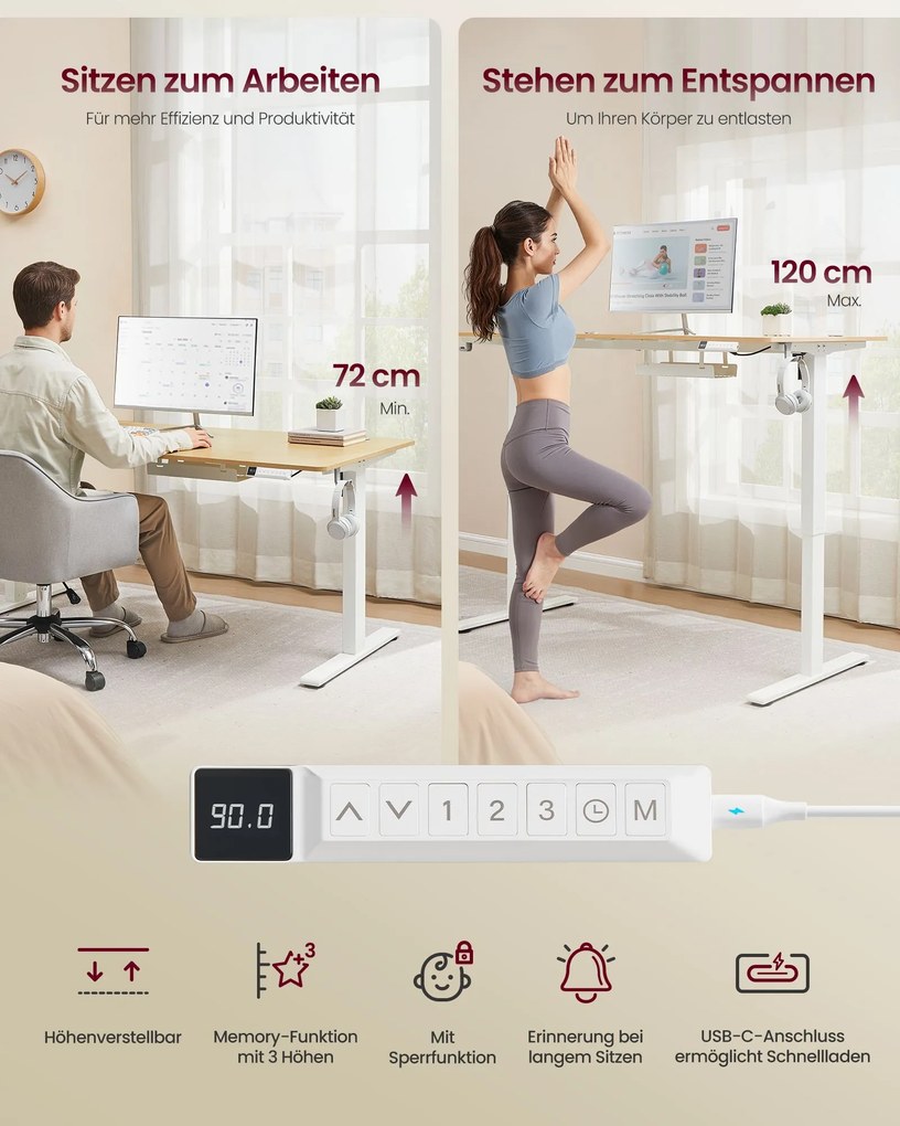Secretária elétrica ajustável em altura com porta USB-C, 180 x 80 cm carvalho dourado e branco