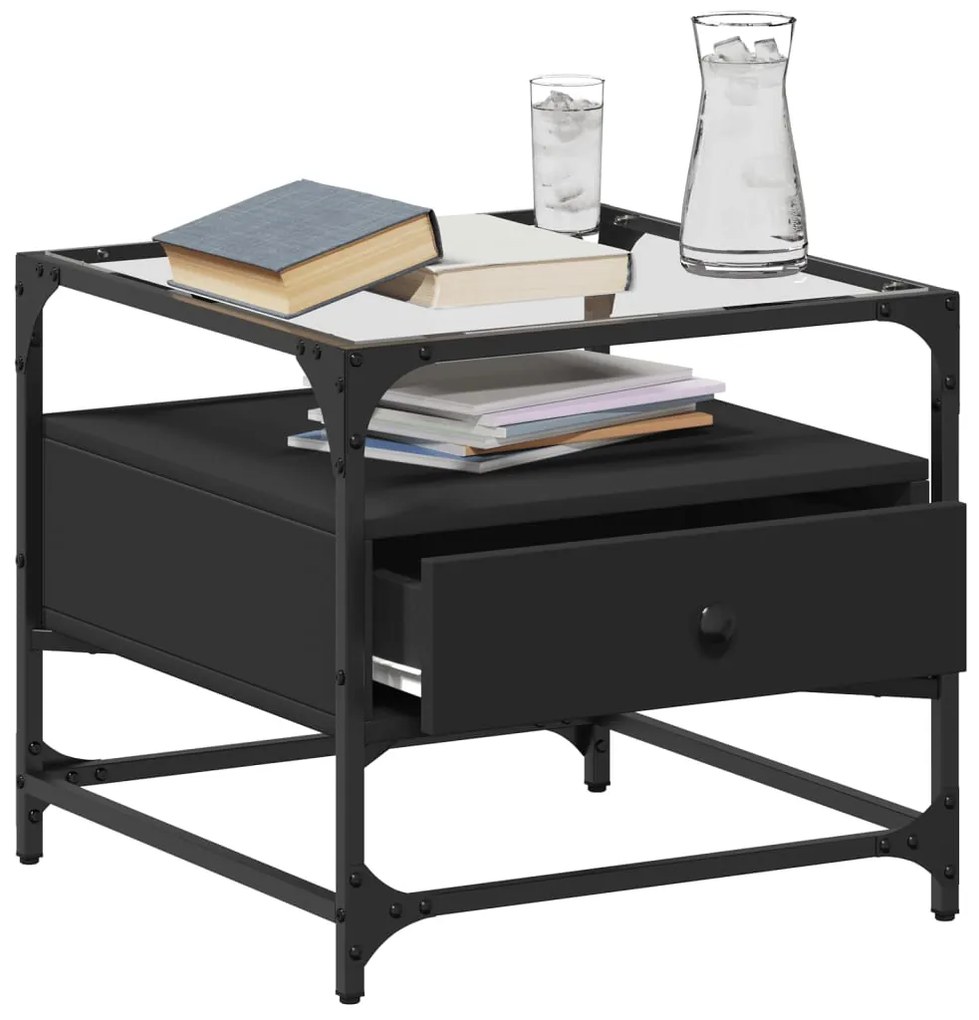 Mesa de centro com topo em vidro preto 50x50x45 cm aço