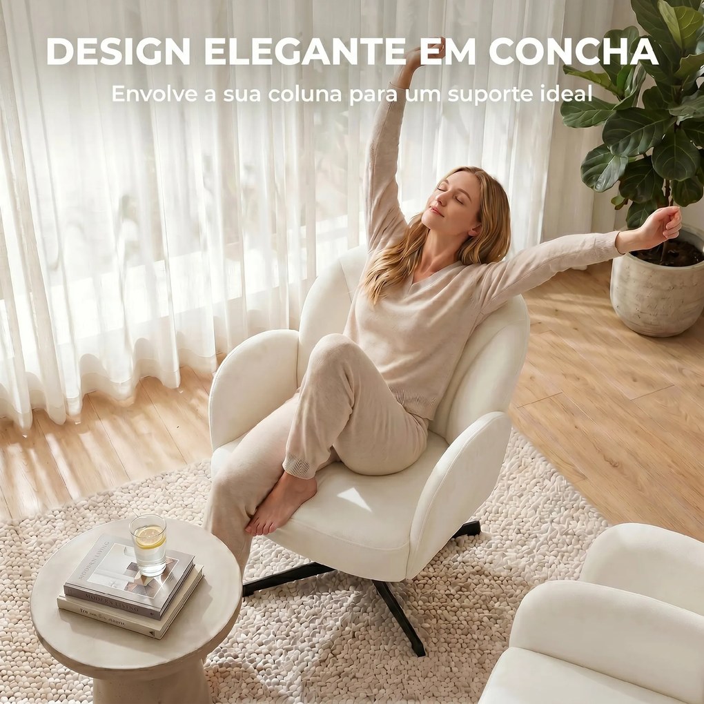 Poltrona de Sala Giratória Cadeira de Sala Estofada em Tecido Aveludado com Encosto em Forma de Concha Almofada com Molas Creme