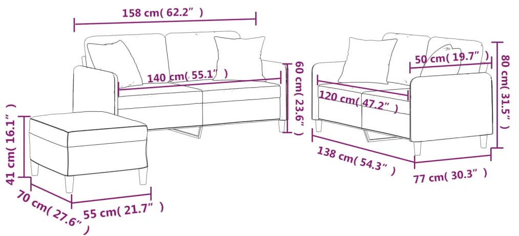 3 pcs conjunto de sofás com almofadas tecido cinzento-claro
