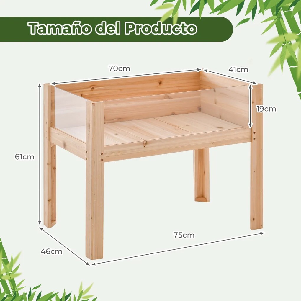 Floreira elevada de madeira 75 x 46 x 61 cm com pés 50 L, orifícios de drenagem e painéis acrílicos para frutas e legumes Natural