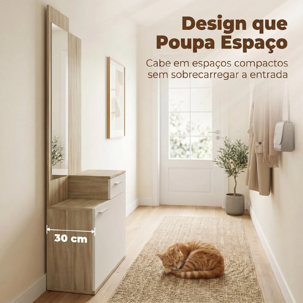 Móvel de Entrada com Espelho Sapateira Basculante Assento Gaveta e Compartimento Aberto 61x30x170 cm Branco