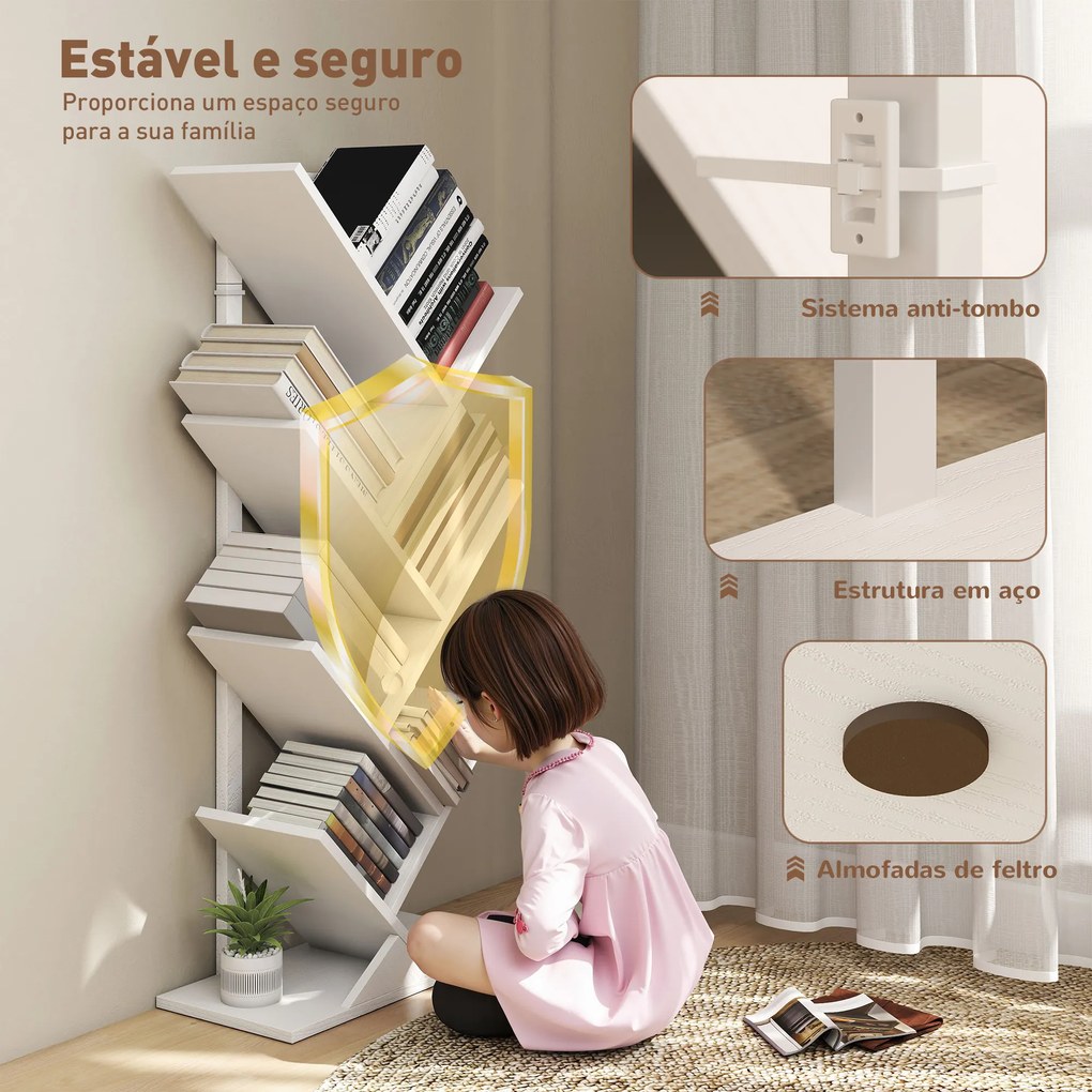 Estante em Forma de Árvore de 7 Níveis Estante de Livros com 7 Prateleiras e Estrutura de Aço 50x24x109 cm Branco