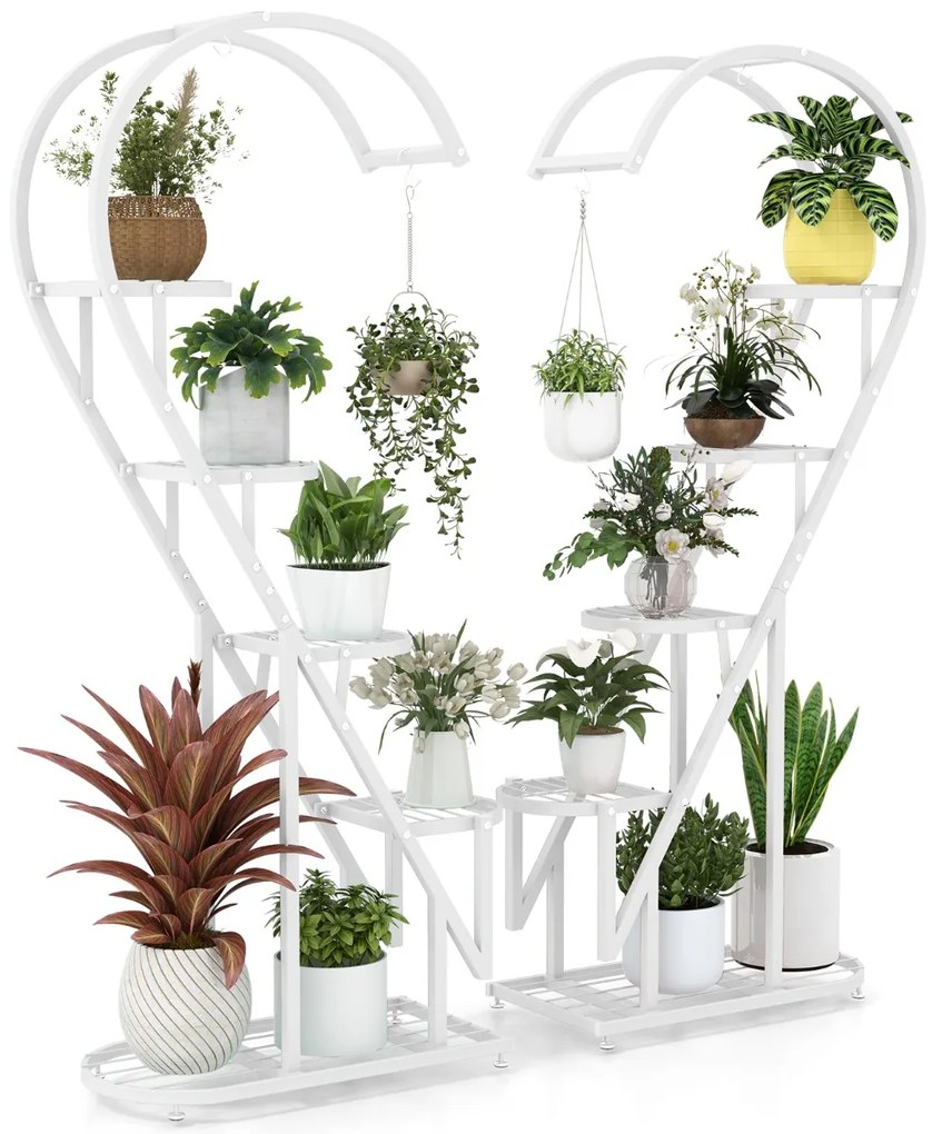 Conjunto de 2 suportes metálicos de 5 níveis para plantas com escada em forma de coração e gancho para pendurar 71 x 30,5 x 148 cm Brancos