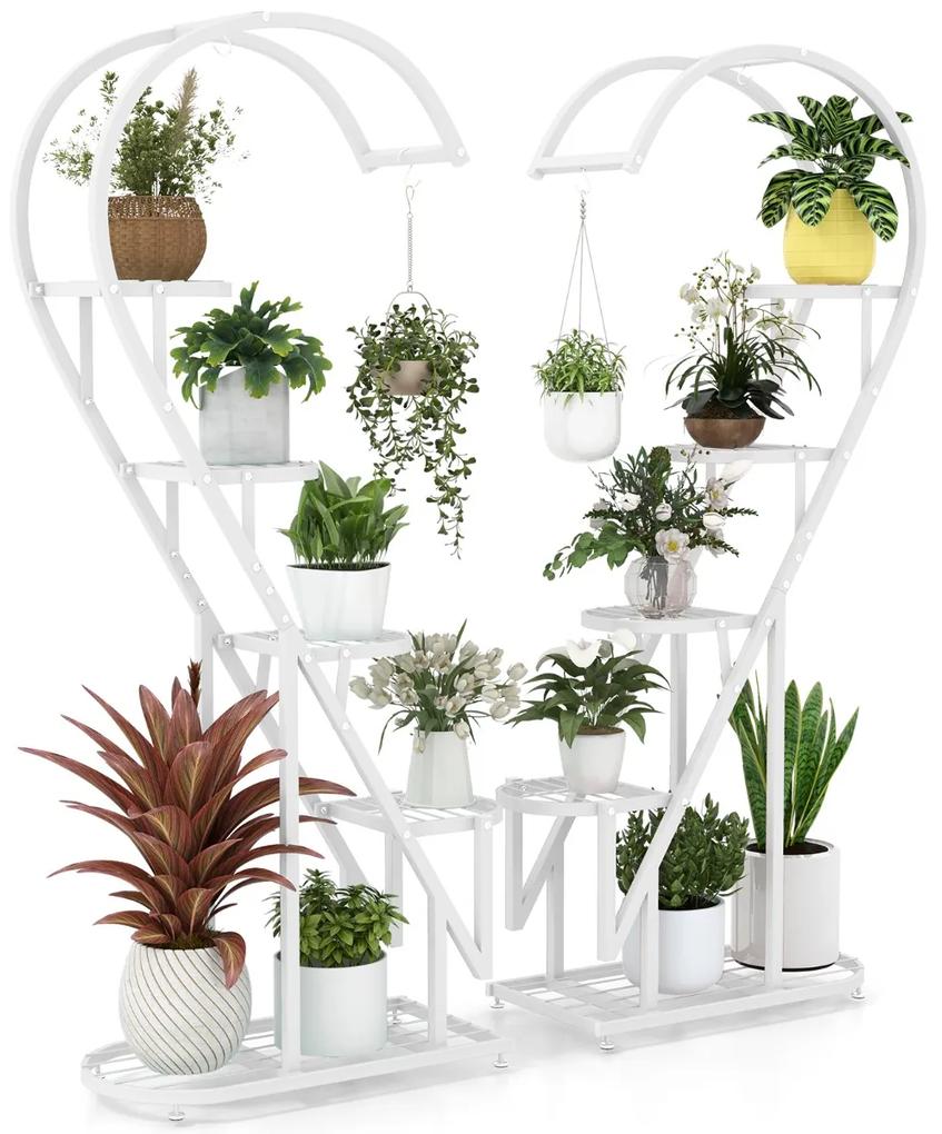 Conjunto de 2 suportes para plantas em metal de 5 níveis com escada em forma de coração e gancho para pendurar 71 x 30,5 x 148 cm Branco