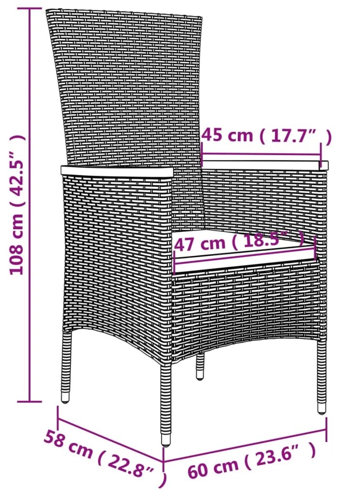 5 pcs conjunto de jantar p/ jardim c/ almofadões vime PE cinza