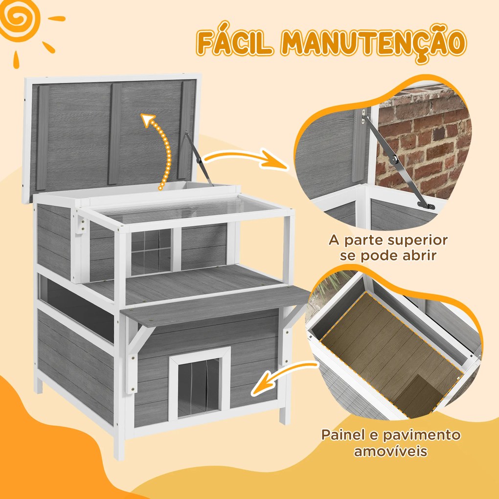 Casa para Gatos de Madeira 64x87x76 cm de 2 Níveis com Teto Asfáltico Janela e Porta com Cortina 64x87x76 cm Cinza Claro