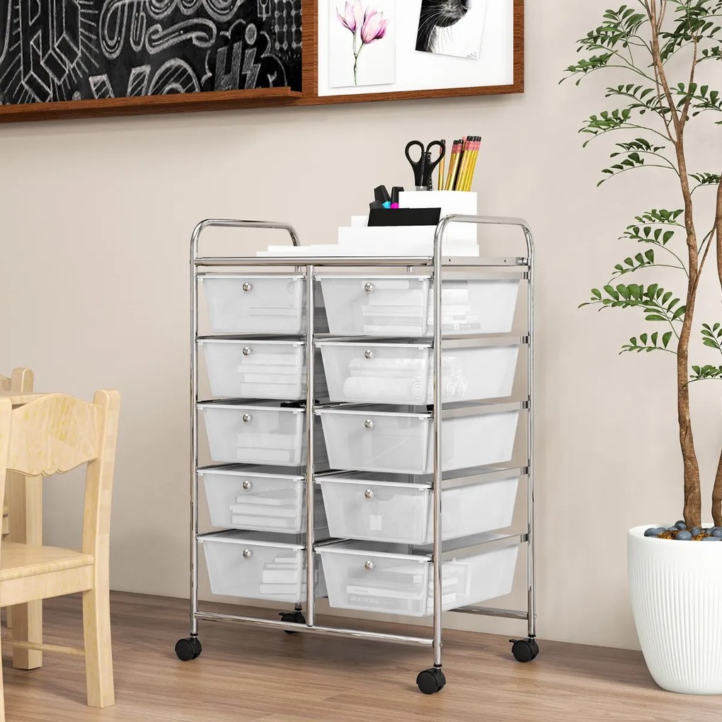 Carrinho móvel multiusos com 10 gavetas organizador multiusos com rodas 65,5 x 37 x 87 cm - transparente