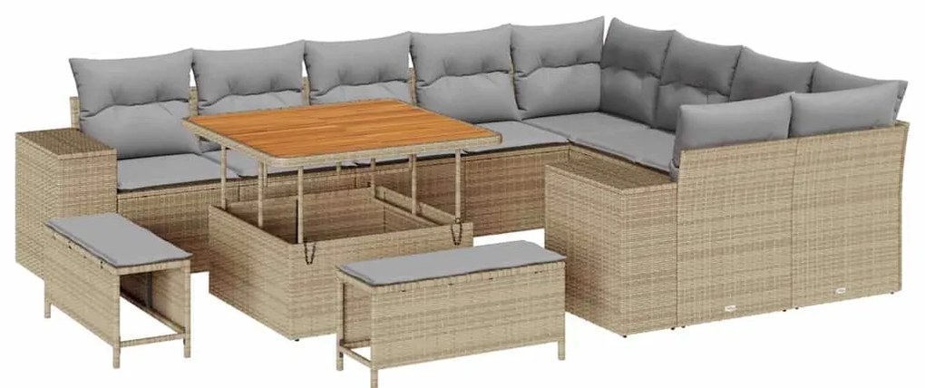 Conjunto de Sofá para Jardim de 12 Peças com Almofadas Bege Rattan Pol