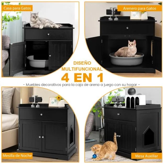 Caixa de areia para gatos com gaveta 2 portas Armário de cabeceira Caixa de areia Mesa de apoio 76 x 53 x 74 cm Preto