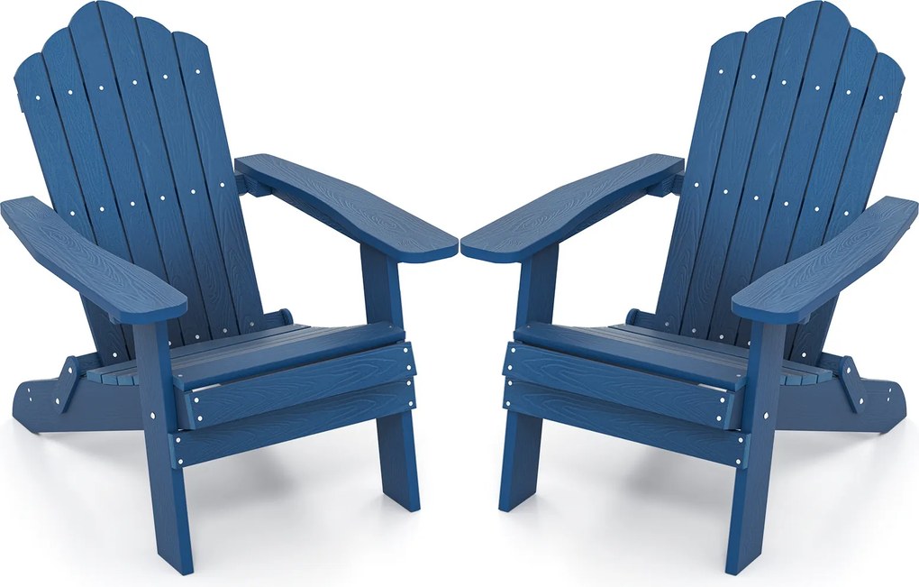Conjunto de 2 cadeiras Adirondack dobráveis com braços largos, encosto inclinado, assento em ripas e capacidade para 180 kg, para terraço ou pátio, az