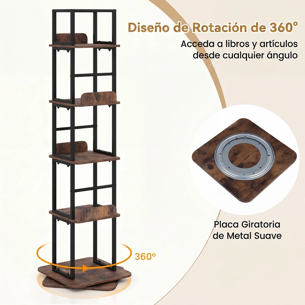 Estante Giratória de Arrumação, 40 x 40 x 148,5 cm, Rotação de 360°, Castanho+Preto