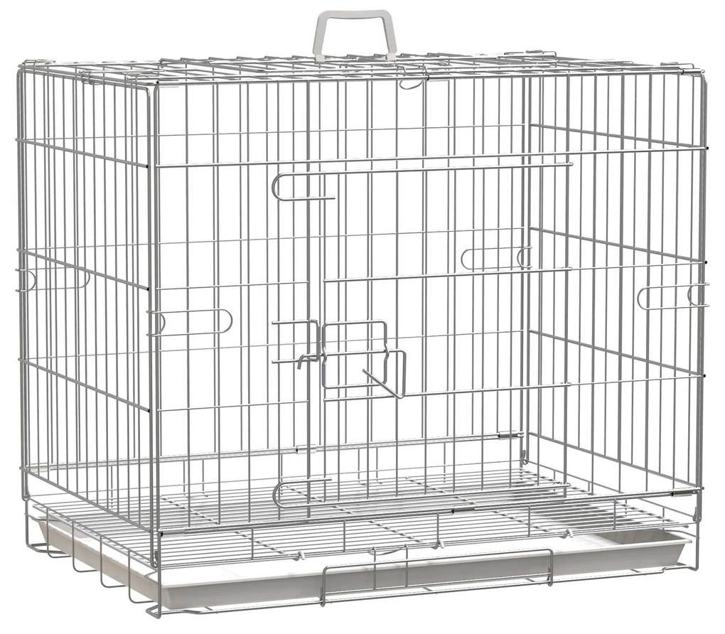 PawHut Gaiola Dobrável Metal Cães Bandeja Amovível Travão Compacta 61x43x50cm Prata Branco