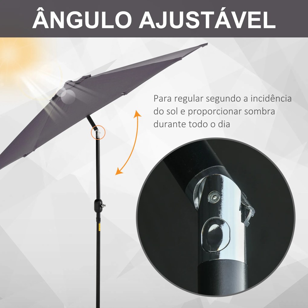 Outsunny Chapéu de Sol de Jardim Ø270x235cm Chapéu de Sol de Alumínio Reclinável com Manivela e 6 Hastes para Terraço Exterior Balcão Cinza