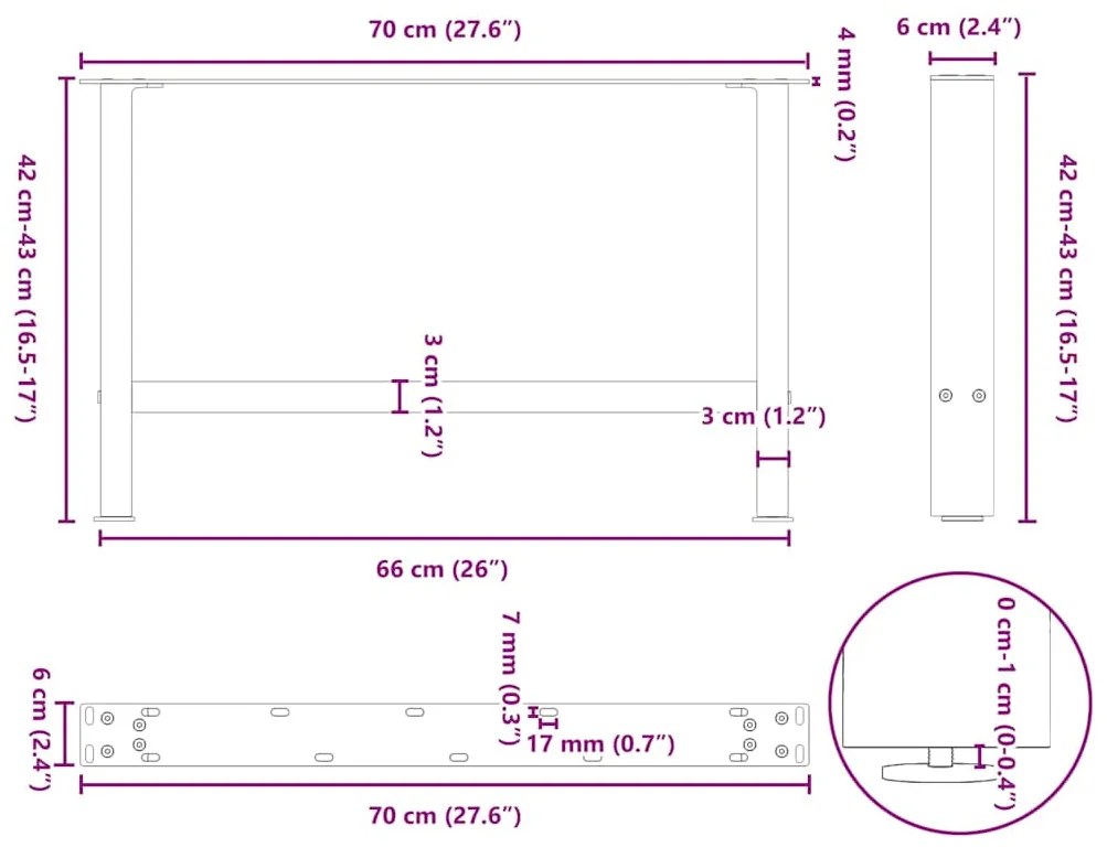 Pés para mesa de centro pretos 2 peças 70x(42-43) cm aço
