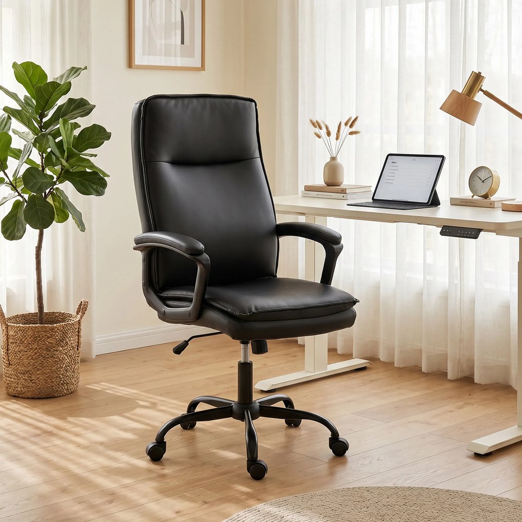 Cadeira de escritório ergonómica, cadeira de escritório em PU, altura ajustável, função de balanço, giratória a 360°, preta