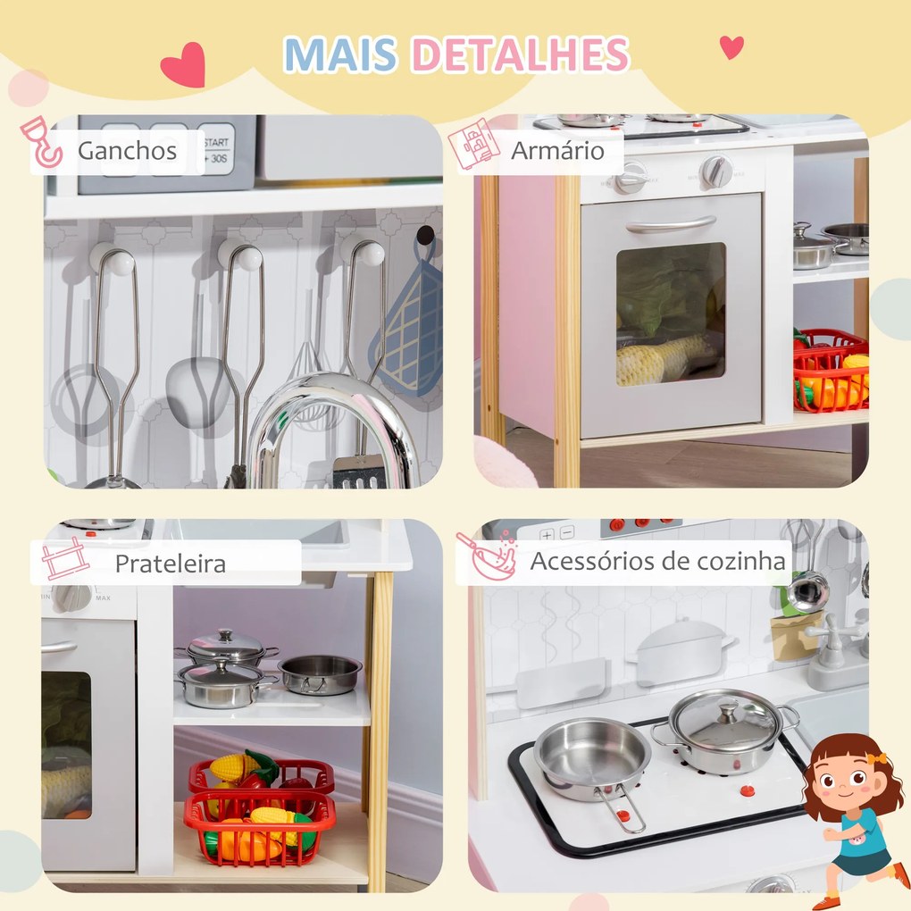 AIYAPLAY Cozinha Infantil de Madeira Cozinha para Crianças acima de 3 Anos com Altura Ajustável Luz Sons Lavatório Fogão Forno 60x30,5x93,2cm Branco e