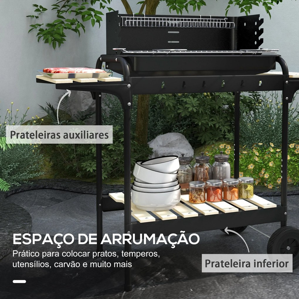 Barbecue a Carvão com Rodas Barbecue Portátil com Grelha Ajustável em
