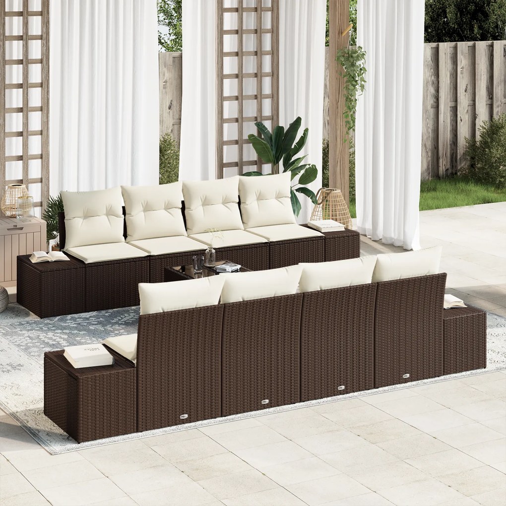 Conjunto de Sofá de Jardim de 7 Peças com Almofadas Castanho de Rattan
