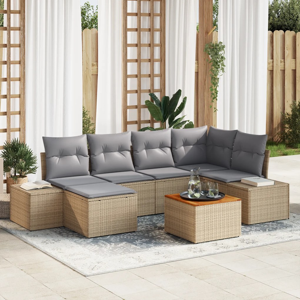 Conjunto de Sofá para Jardim com 7 Peças e Almofadas Bege de Rattan Po