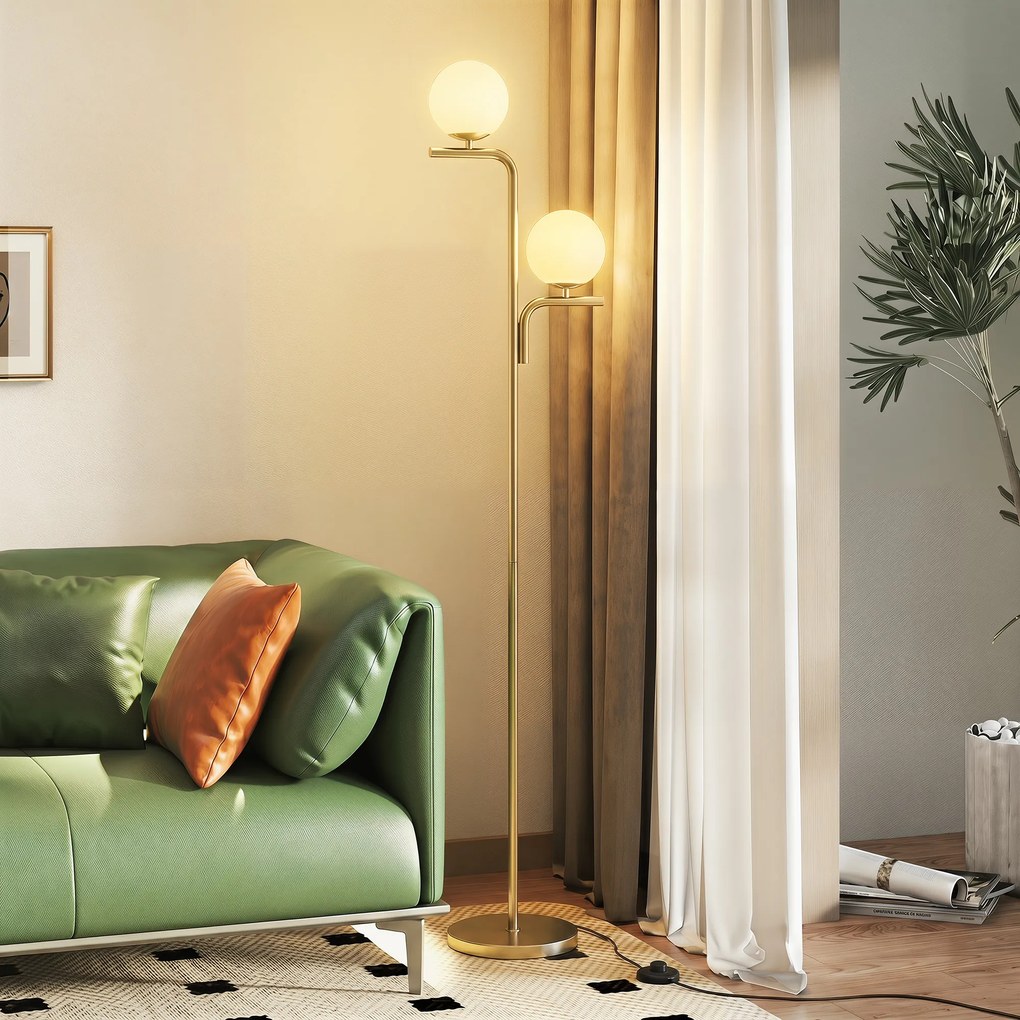 Candeeiro de pé para sala com duas cabeças, candeeiro de pé com 3 temperaturas de luz, abajur de vidro, dourado