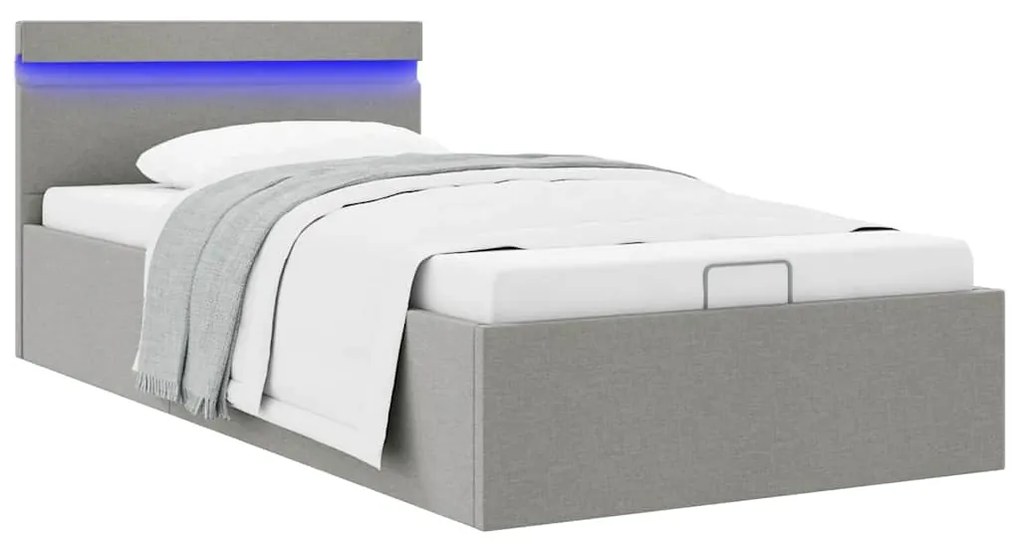 Cama hidráulica arrumação c/ LED 90x200cm tecido cinzento-claro