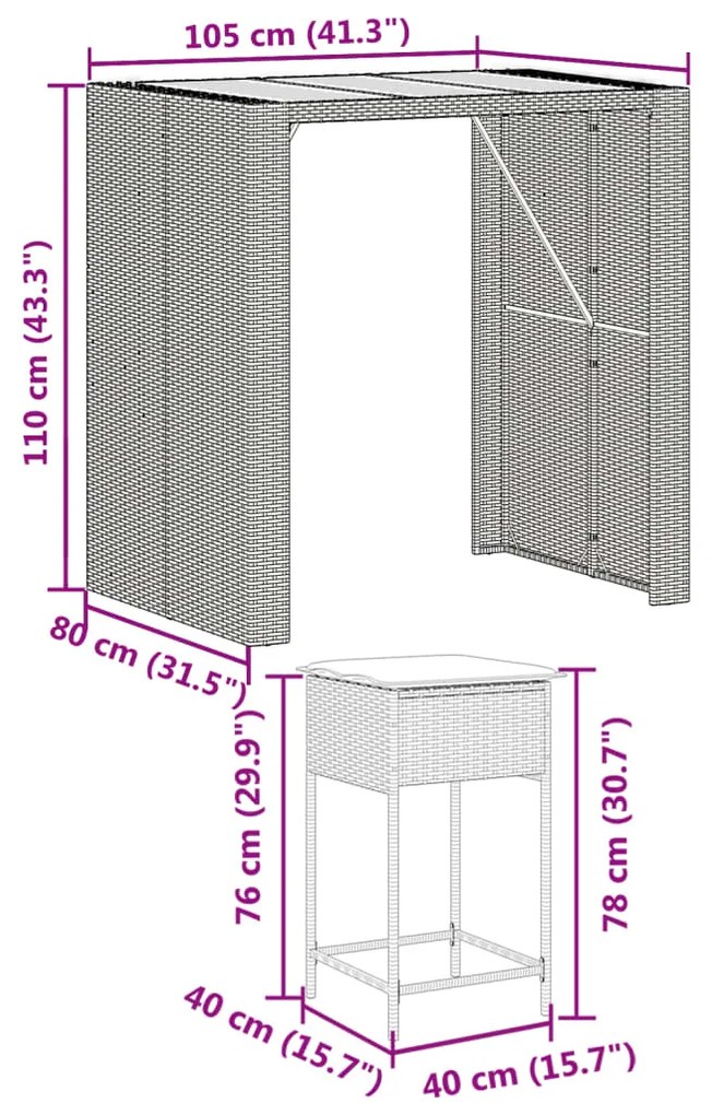 5 pcs conjunto de bar p/ jardim c/ almofadões vime PE cinzento