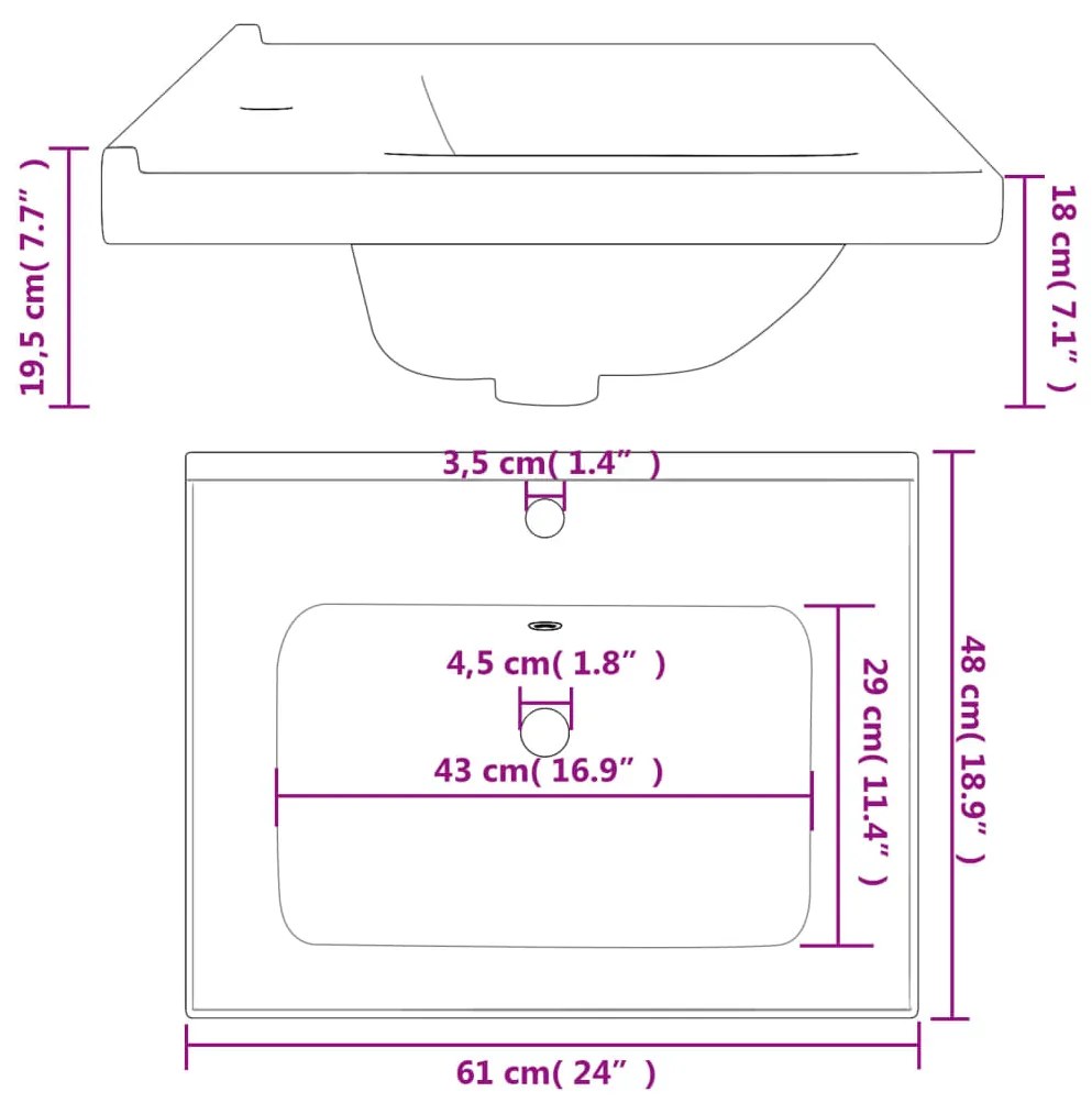 Lavatório casa de banho retangular 61x48x19,5cm cerâmica branco