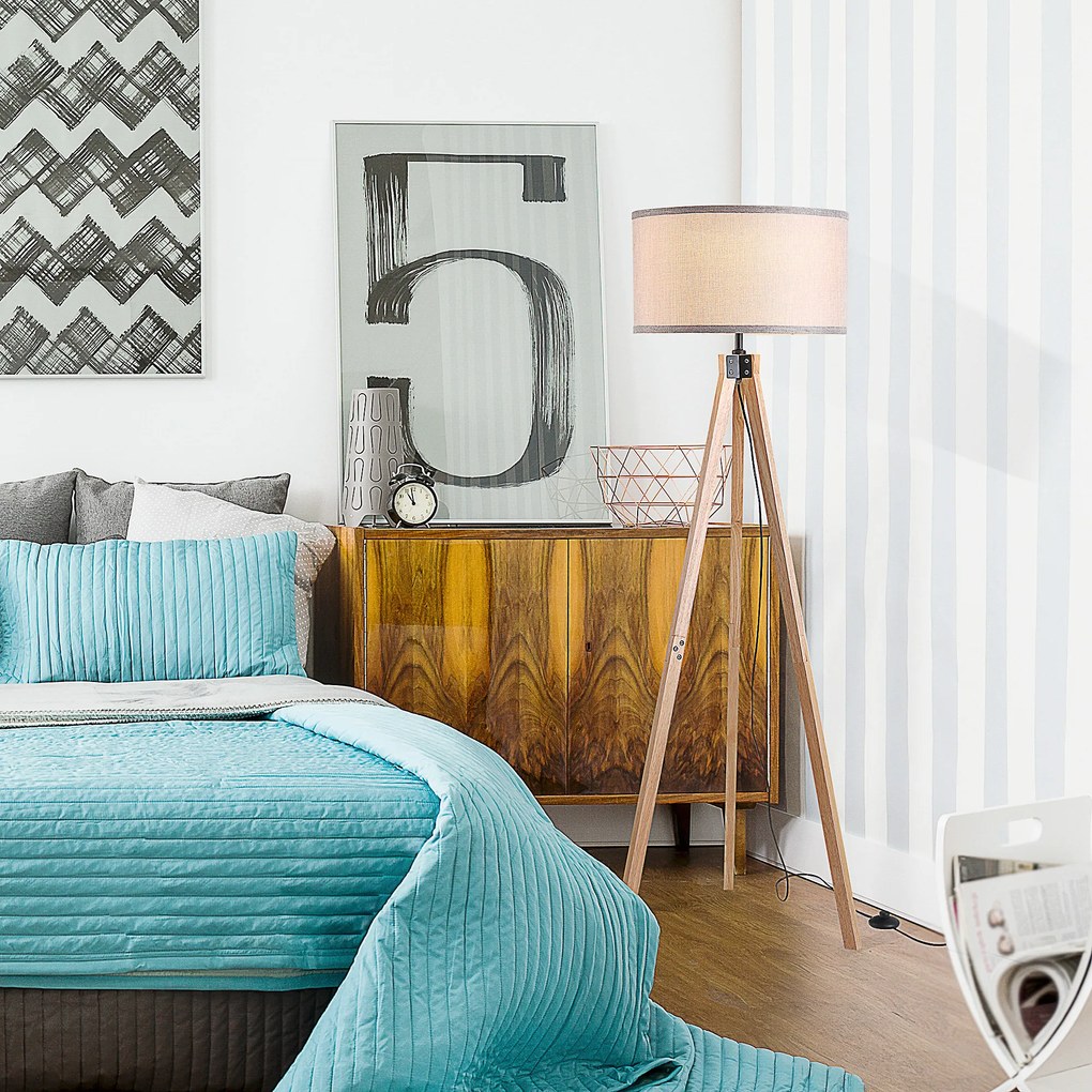 Candeeiro de pé com três pés, 40 W máx., 45 x 45 x 152 cm, madeira de pinho e linho bege