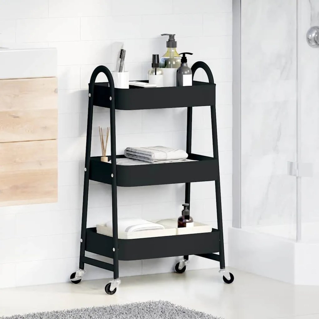 Carrinho de arrumação com 3 níveis 42x41,5x77 cm aço preto