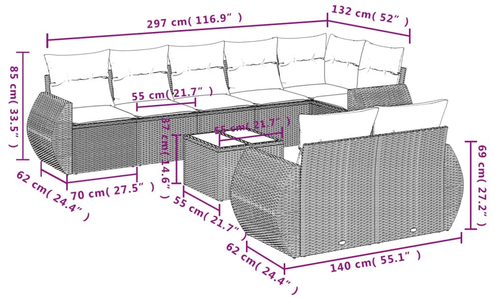 9 pcs conjunto de sofás p/ jardim com almofadões vime PE bege