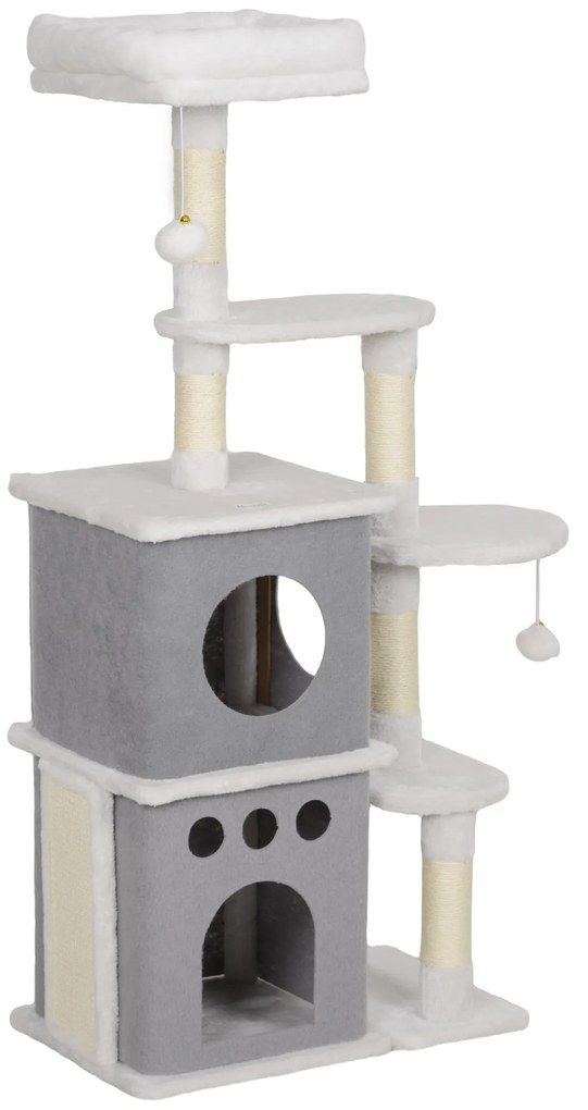 PawHut Arranhador para Gatos 126 cm com Caverna Plataformas Bolas Suspensas e Poste de Sisal 56x34x126 cm Cinza e Creme