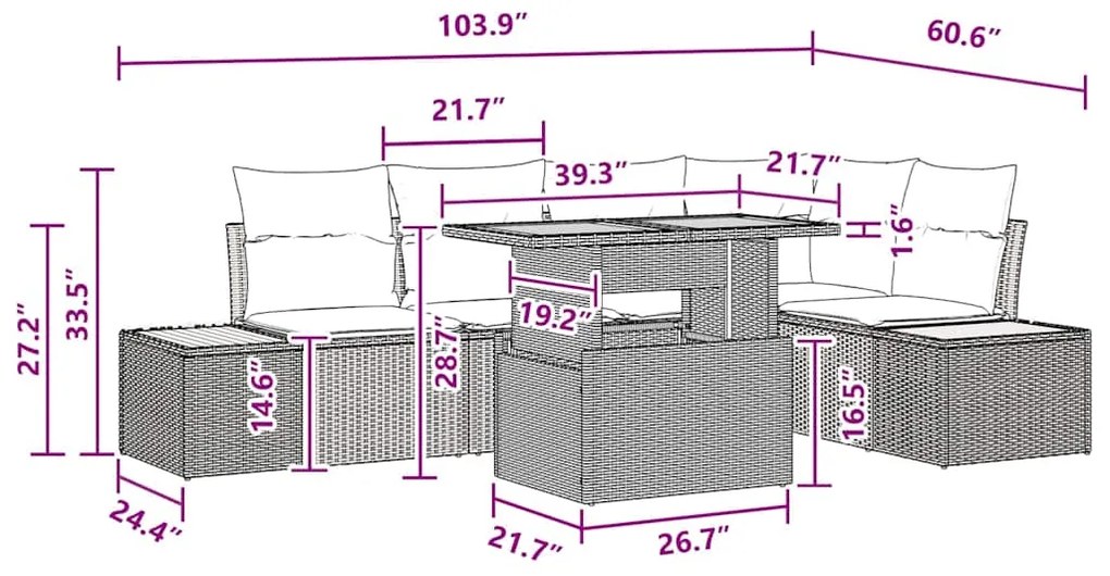 Conjunto de Jantar de Jardim com 6 Peças e Almofadas em Rattan Poliést