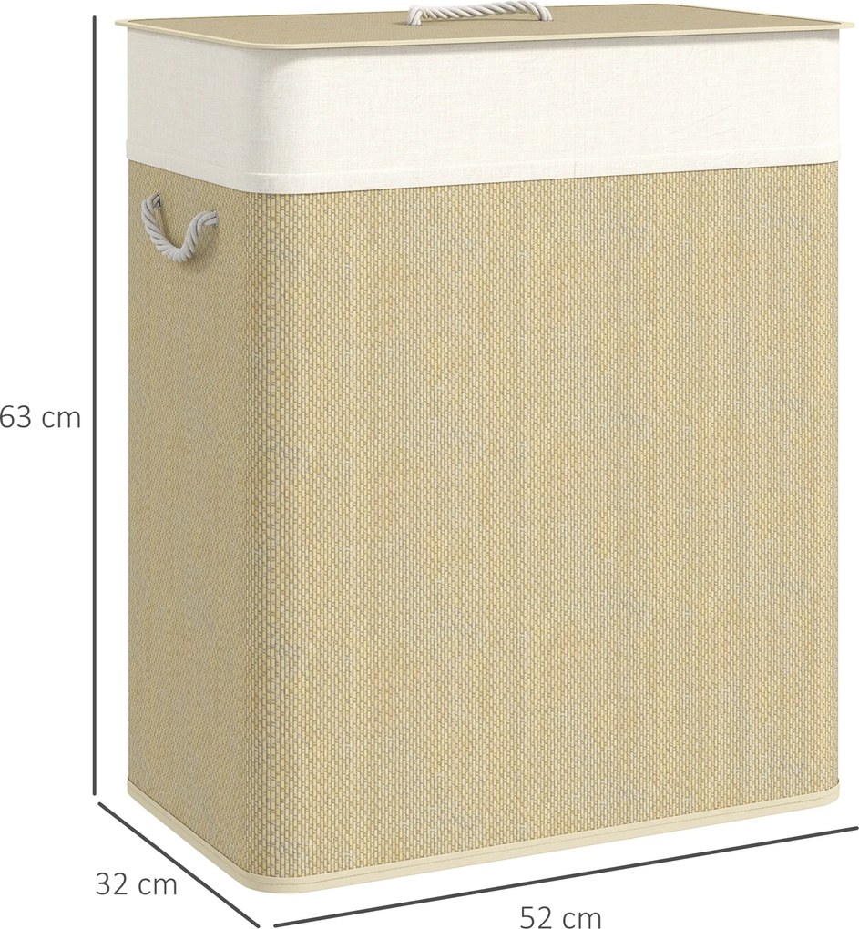 Cesto de roupa suja duplo com tampa 52 x 32 x 63 cm, cesto de roupa suja em bambu de 100 L com alças de corda creme