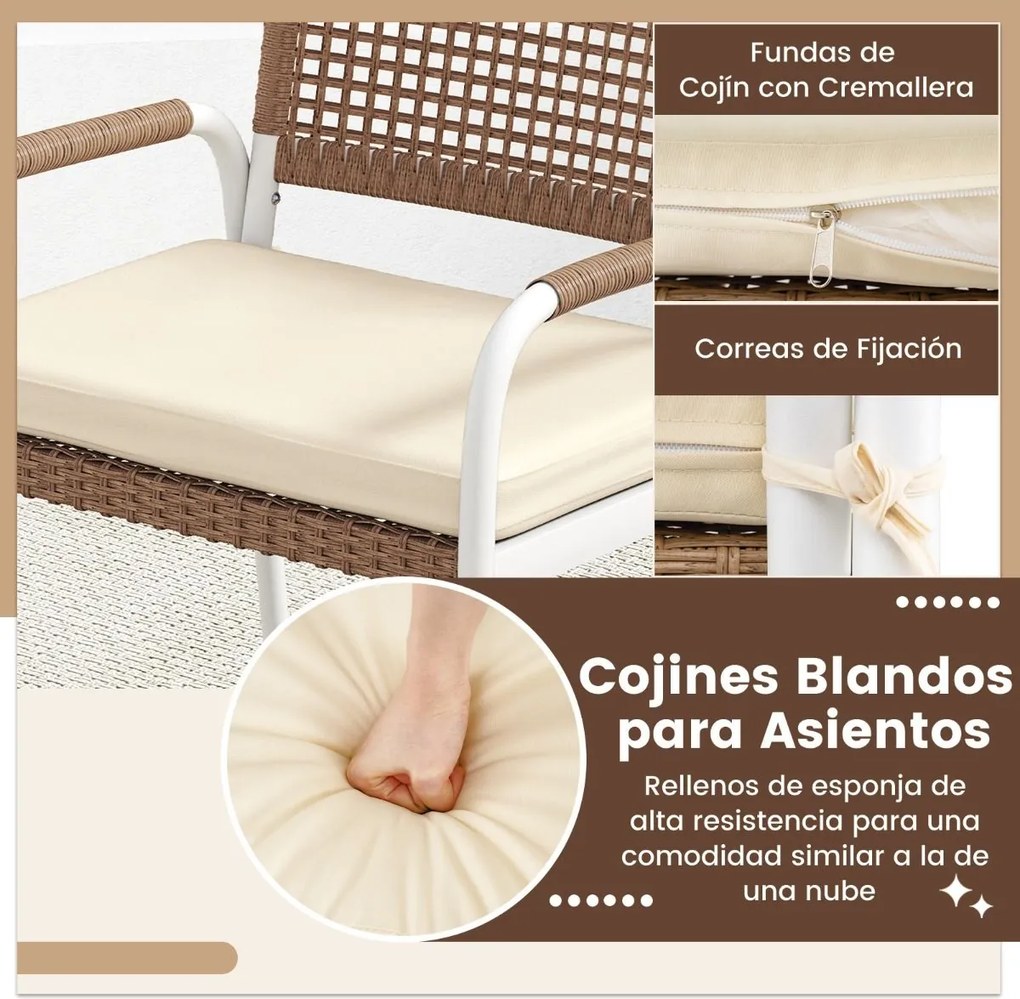 Conjunto de jardim de 4 peças: sofá de 2 lugares em rattan PE com 2 poltronas, almofadas e mesa em vidro temperado para varanda ou jardim, Castanho e