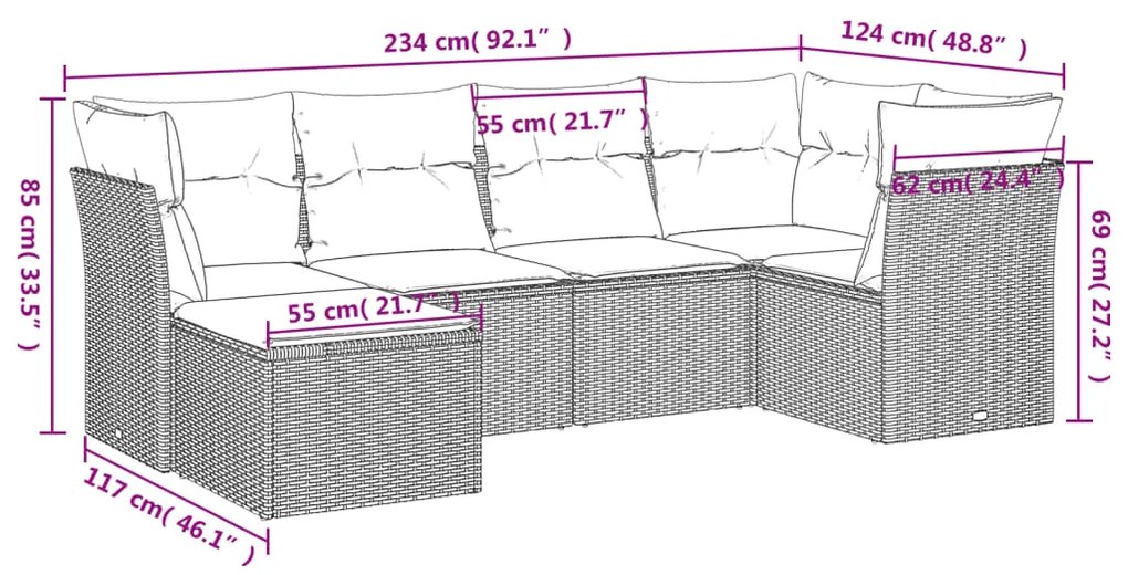 6 pcs conjunto de sofás p/ jardim com almofadões vime PE bege