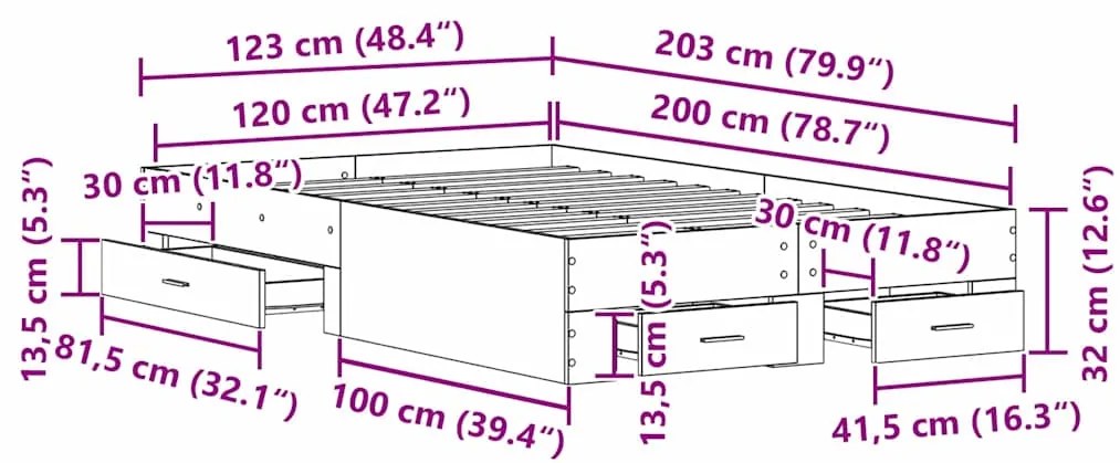 Estrutura de Cama vidaXL com Gavetas em Madeira Antiga 120x200 cm em M