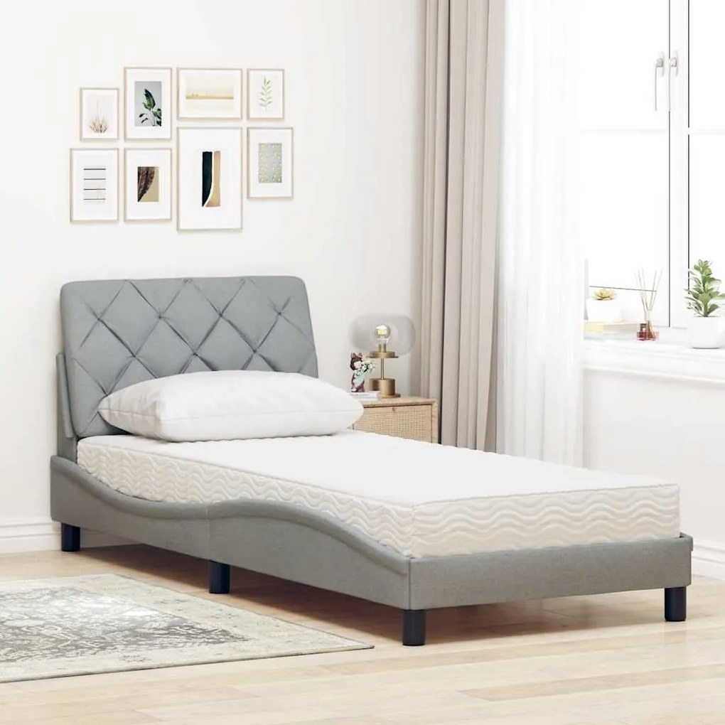 Cama com colchão 90x200 cm tecido cinzento-claro