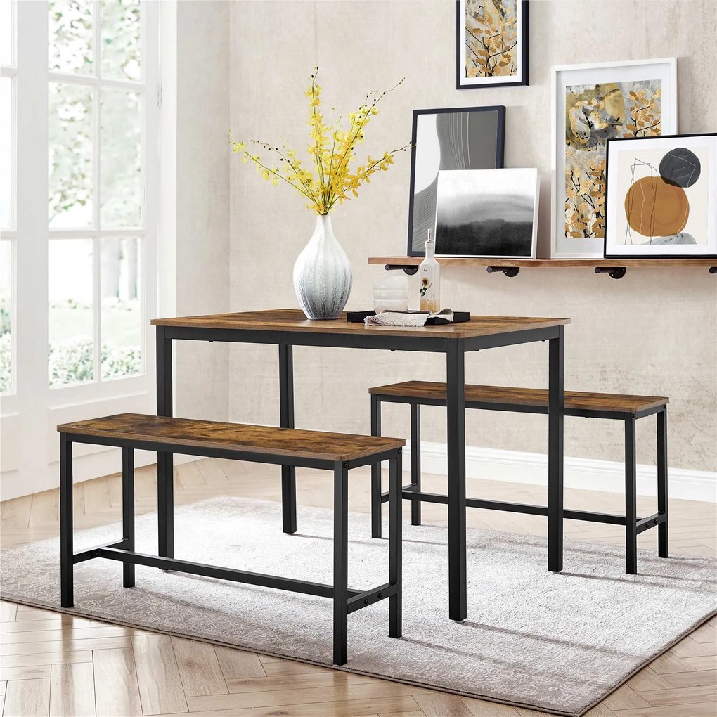 Conjunto de Mesa de jantar com 2 bancos, conjunto de cozinha Castanho Vintage + Preto