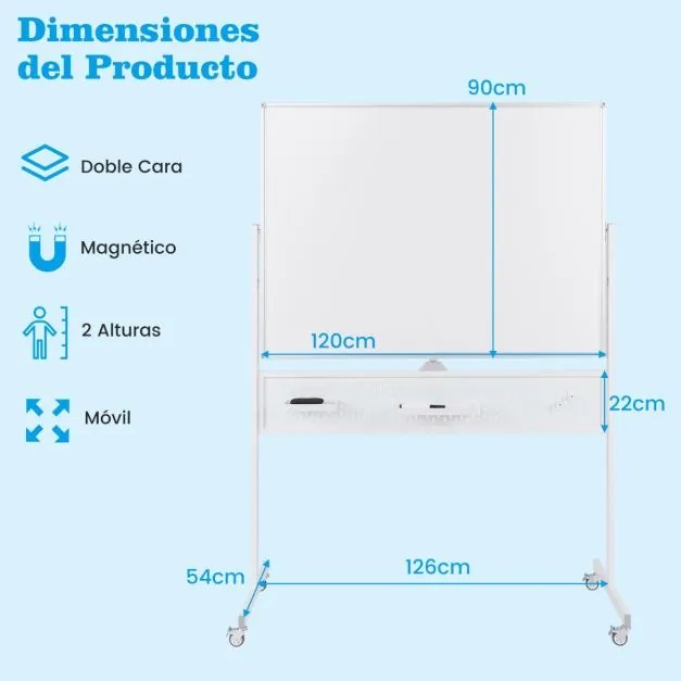 Quadro Branco de apagar a seco móvel de dupla face de 120 x 90 cm com suporte de quadro perfurado e acessórios Branco