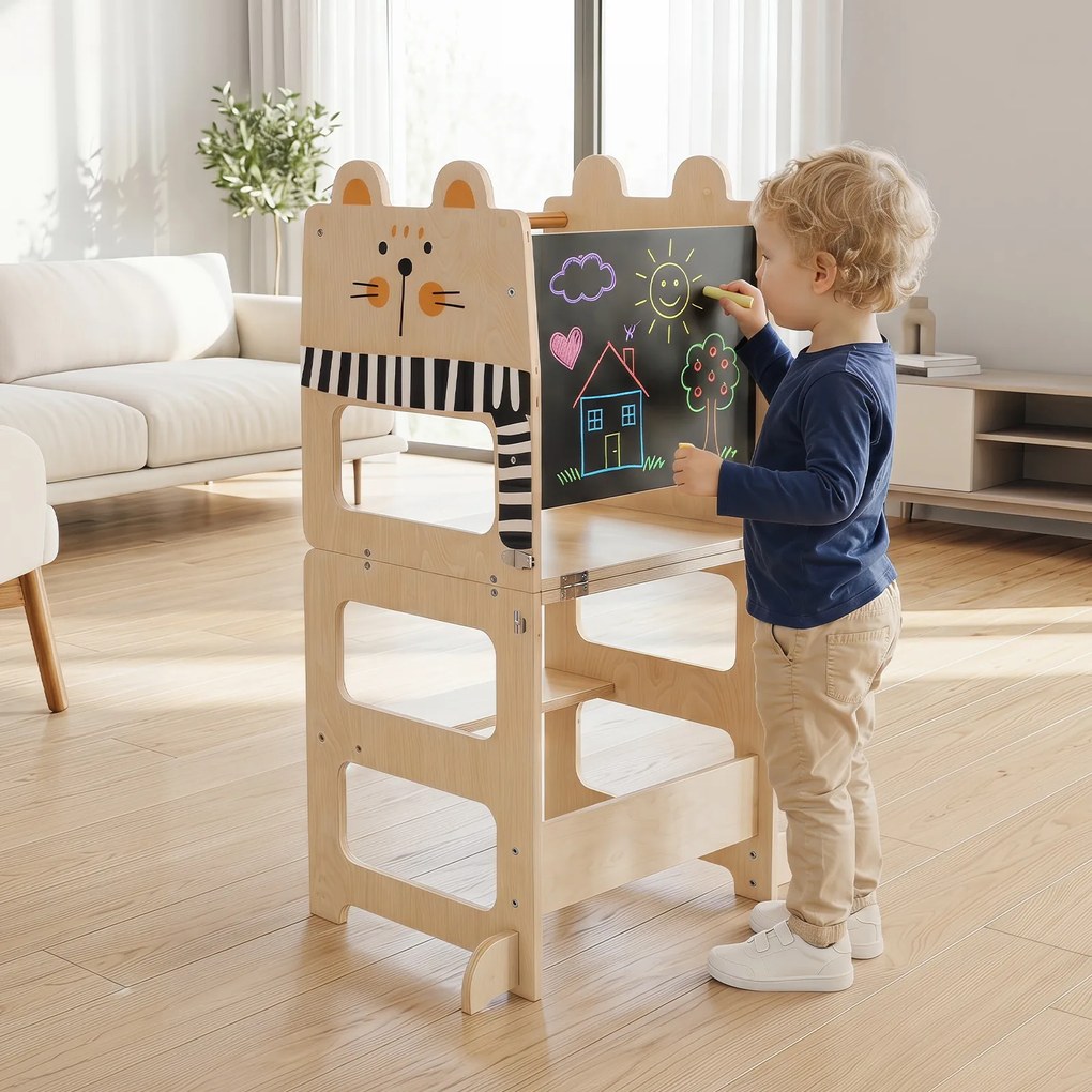 Torre de Aprendizagem Infantil 3 em 1, 63 x 39 x 93,5 cm, Convertível em Secretária e Banco, Natural