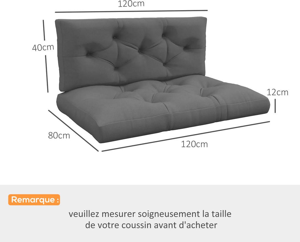 Conjunto de 2 almofadas para sofá de 2 lugares (ESTRUTURA NÃO INCLUIDA), 120 x 80 x 12 cm, poliéster cinzento