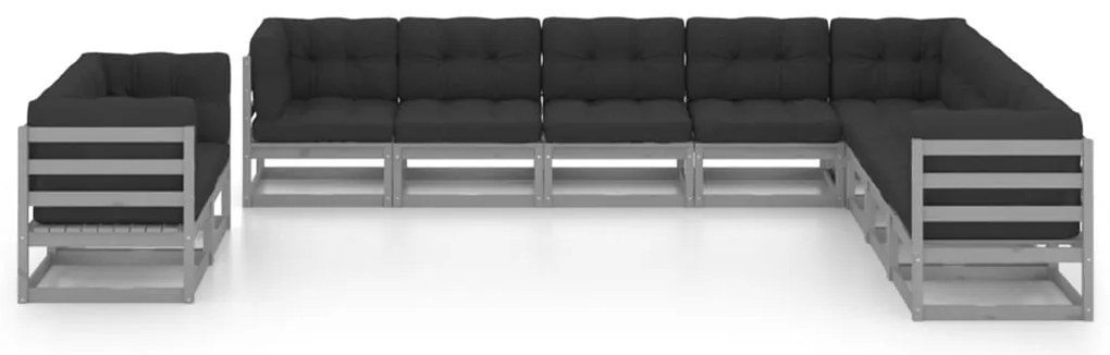 10pcs conjunto lounge de jardim + almofadões pinho maciço cinza