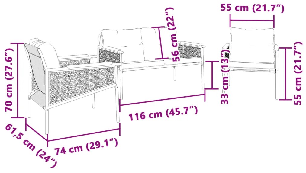 3 pcs conjunto mobiliário de varanda com almofadões aço preto