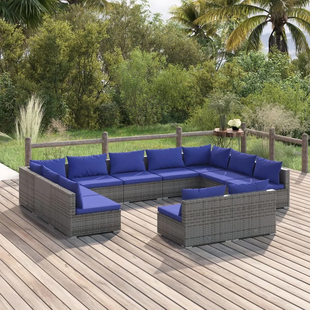 vidaXL 11 pcs conjunto lounge de jardim c/ almofadões vime PE cinzento