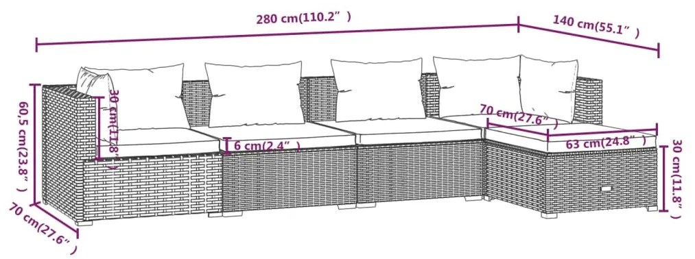 5 pcs conjunto lounge de jardim c/ almofadões vime PE preto