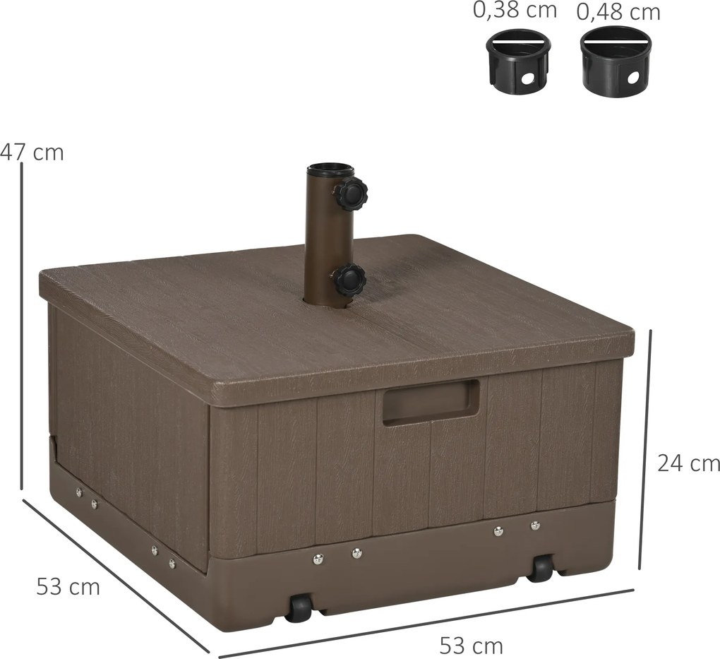 Base de peso para guarda-sol, mesa auxiliar, floreira com drenagem 53 x 53 x 47 cm DESIGN 3 EM 1, rodas, pegas em PE e metal castanho