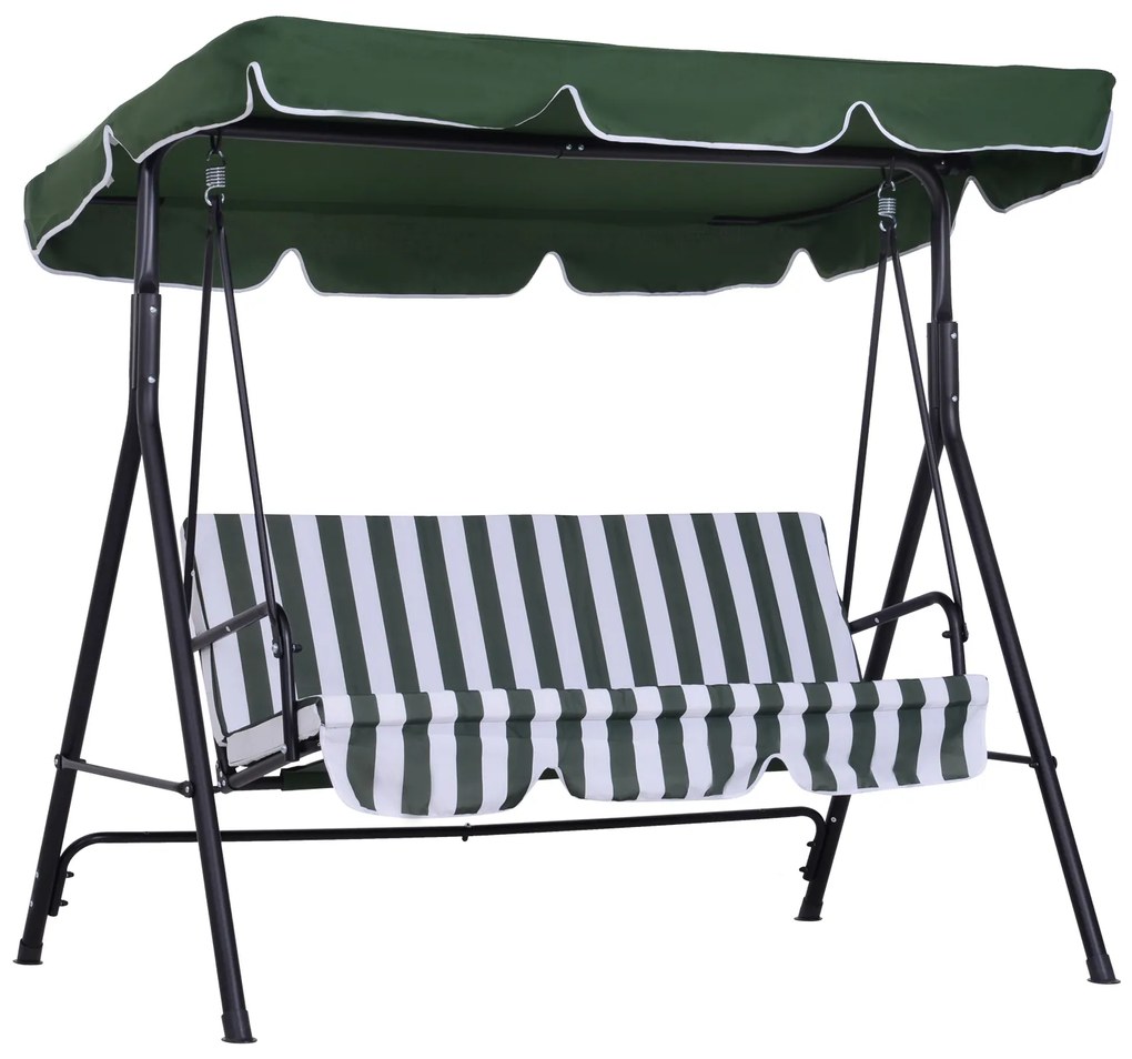 Outsunny Baloiço de Jardim de 3 Lugares com Almofada Toldo Ajustável e Estrutura de Aço para Balcão Terraço 172x110x153 cm Verde