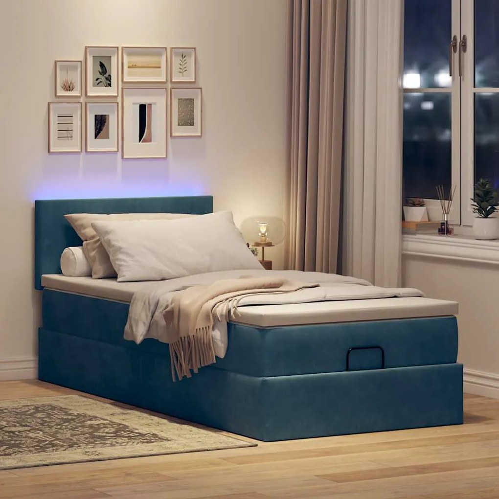 Estrutura cama otomana com colchão azul escuro 90x190cm veludo