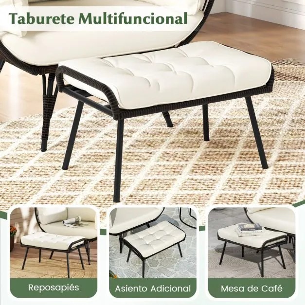 Conjunto de cadeira grande Jardim em forma de ovo com apoio para os pés em rattan PE com almofadas macias Castanho